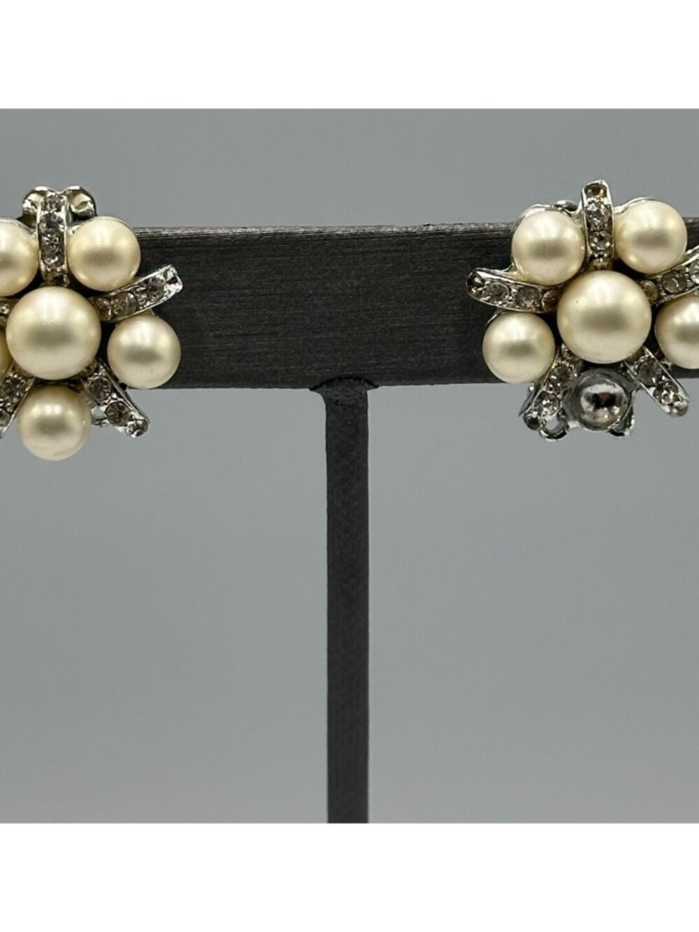 3/$30 Vintage Kramer Clip On Earrings Silver Faux Pearl Rhinestone Bridal